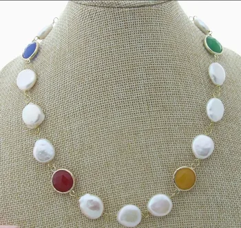 

N042801 18" White Coin Pearl Multi Color Necklace