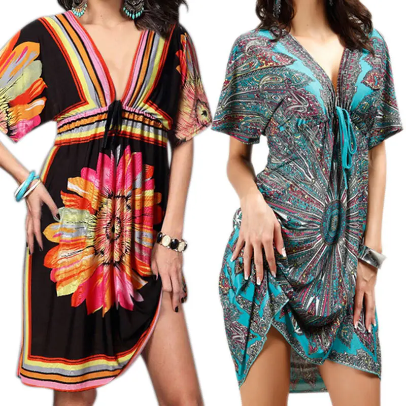 

Women V Neck Flower Beach Dress European Style Print Sexy Vintage Summer Beach Dresses B2Cshop