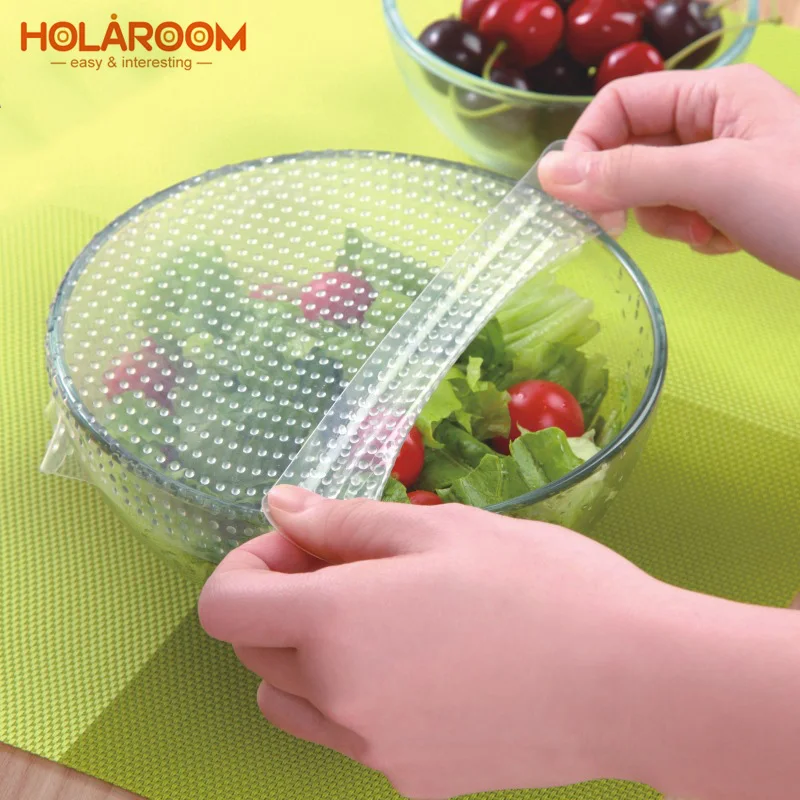 

Holaroom 4Pcs Food Reusable Silicone Food Wrap Seal Cover Fresh Keeping Saran Wrap Lid Stretch Envoltura De Alimentos