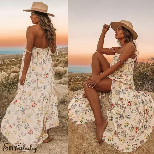 

2019 New Women Summer Boho Slash Sleeveless Loose Floral Split Irregular Long Midi Dress Evening Party Beach Dresses Sundress
