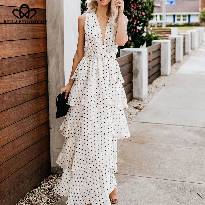 Wonder New Sexy Backless Long Maxi Dress Vintage Polka Dot Female Straight Dress Beach Ruffles Lady Boho Dress Vestidos 2019 new