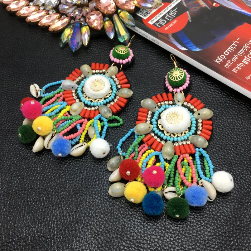 MANILAI Multicolor Pom Pom Beaded Tassel Earrings Boho Jewelry Ethnic Statement Dangle Drop Earrings With Shell Big Pendientes