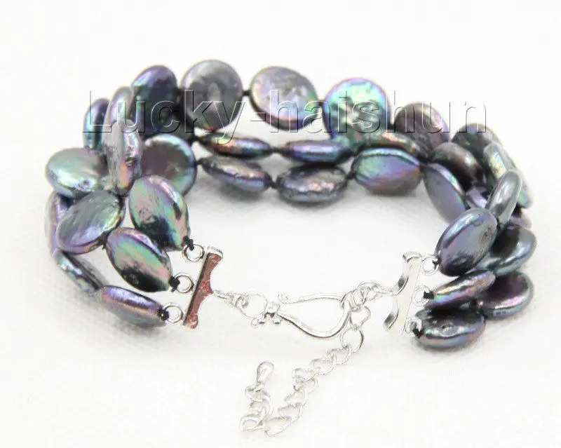 

adjustable 7"-9.5" 3row 12mm coin fastener black pearls bracelet j10035 @^Noble style Natural Fine jewe SHIPPING new >>free ship