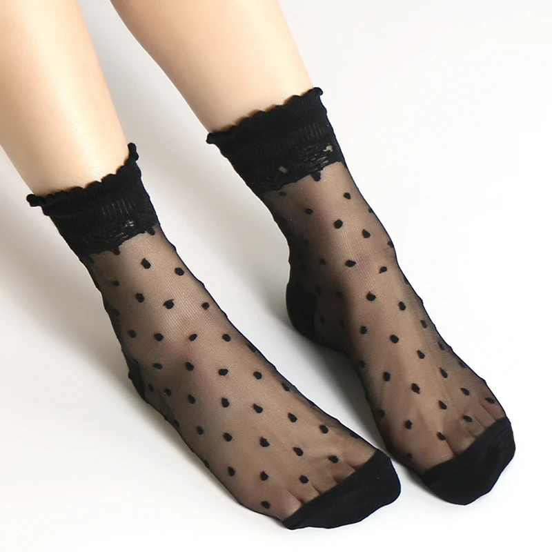

DONG AI Newly 6 Color Summer Women Lace Socks Crystal Silk Ankle Sock Glass Black White Sexy Dots Transparent Socks for Ladies