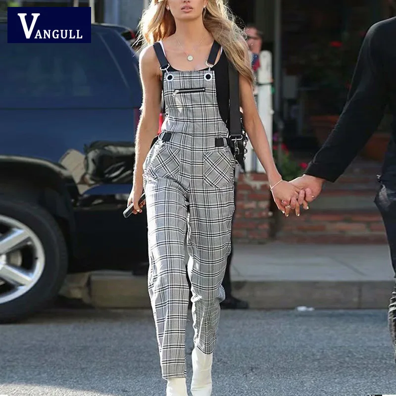 

Vangull 2019 Summer New Women Jumpsuit Plaid Print Straight Romper Long Jumpsuit Overalls Ladies Fashion Street wear Strap Pants