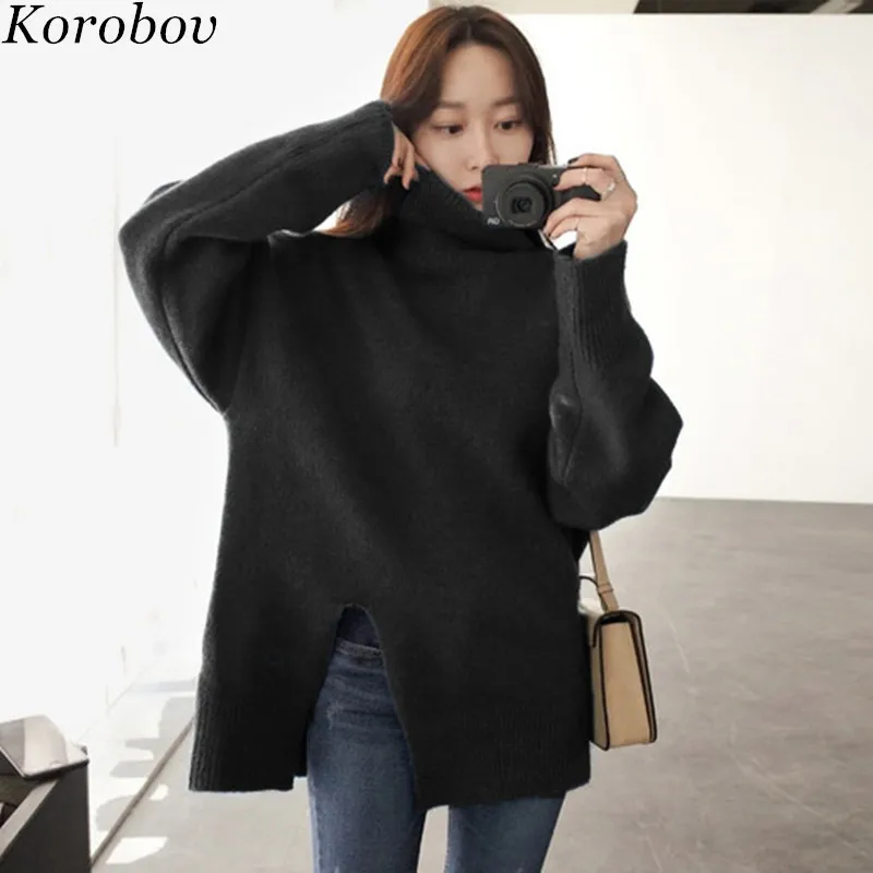 

Korobov Auttum Winter New Arrival Female Pullovers Solid Thick Turtleneck Sweaters Long Sleeve Split Side Sweater 76490