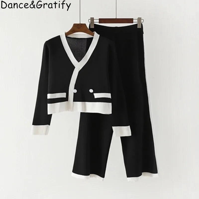 

Elegant Ladies Sweaters 2 Pieces Pants Sets 2019 Autumn Spring V-neck Knitted Trousers Sets Fashion Women crop top Tracksuit