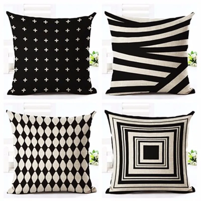 Bohemia Style Cushion Cover White and Black Geometric Pattern Cotton