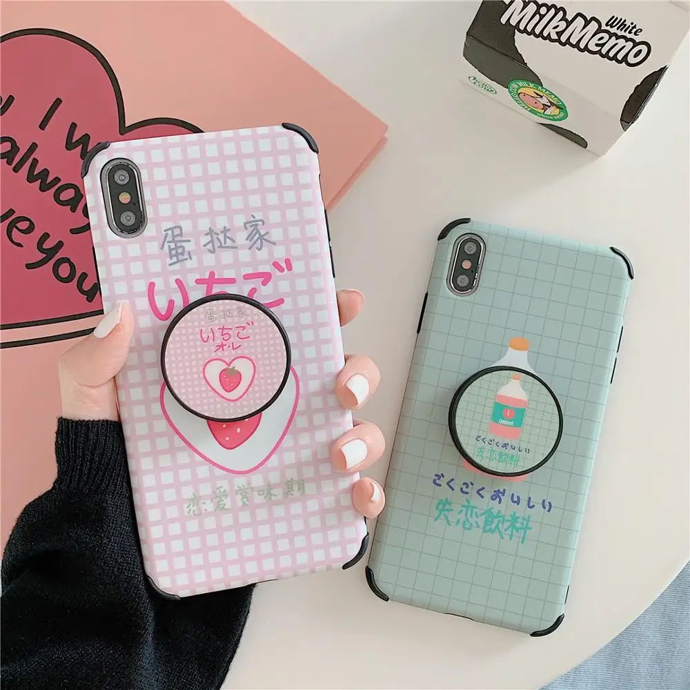 

KAIEN Folding bracket egg tart Strawberry drink soft Anti-drop Mobile phone case for iPhone 6 6s 7 plus 8 plus X XR XS MAX cover
