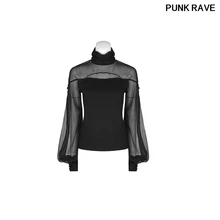 Готическая имитация шелковой креповой ленты выделка перспектива фонарь рукав футболка модная черная женская футболка Панк рейв WT-492TCF