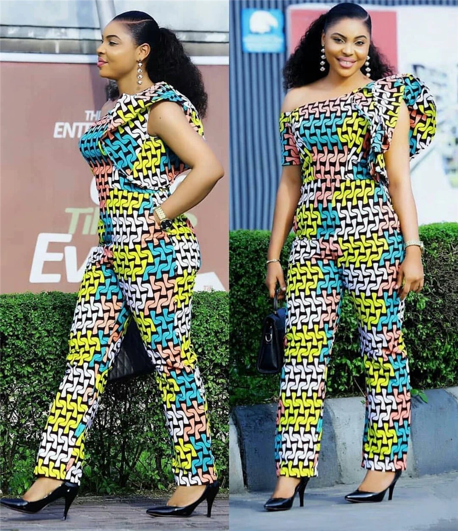 

BAIBAZIN African dashiki African Catwalk Boutique Print Oblique Shoulder Trumpet Sleeves Sexy Large Size Jumpsuit