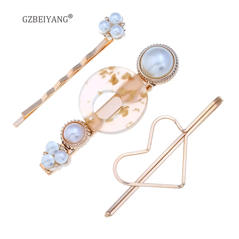 

GZBEIAYNG Crystal transparent resin alloy heart-shaped hair clip for sweet girl pearl hairpin headwear 3 pieces / set sale