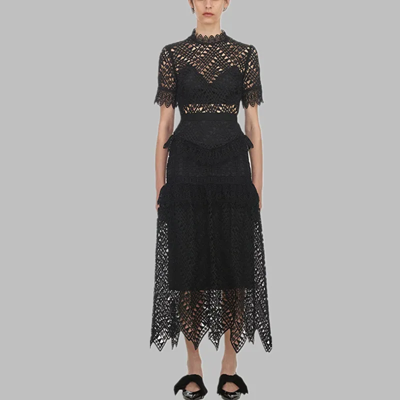 

2019 Spring Elegant Fashion Hollow Out Dresses Women Stand Collar Short Sleeve High Waist Self Portrait Dress