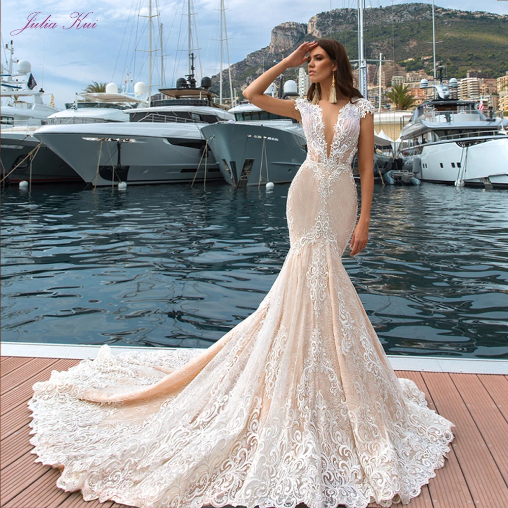 

JULIA KUI Empire Design Of Mermaid Wedding Dress Sexy V-Neckline Vestido De Noiva Elegant Lace