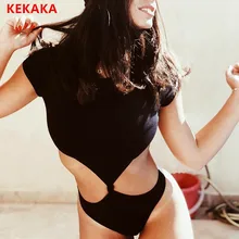 KEKAKA сплошной черный короткий рукав Цельный купальник вырез купальник с высокой талией женский летний купальник Монокини