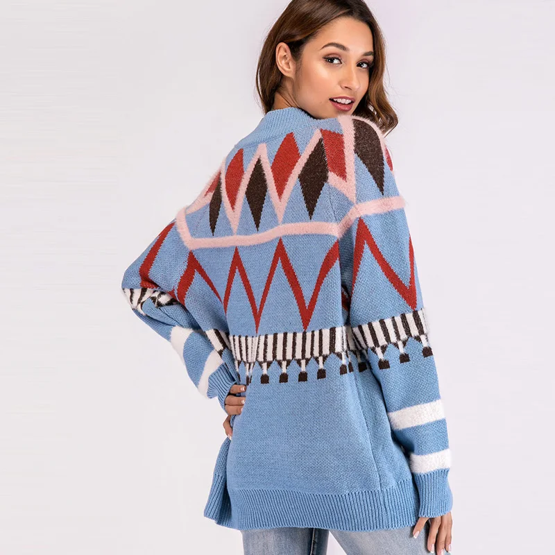 Front Blue Button Loose Fuzzy Long Cardigan Knit Geometric Fashion With Pattern Women Detail Tops Raglan Sleeve Qiuxuan Sweater qUvTF