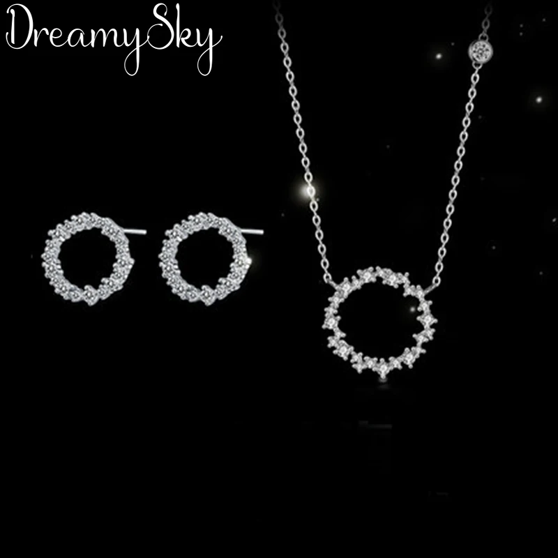 

Fashion Jewelry Sets 925 Sterling Silver Rhinestone Circle Necklaces Crystal Earrings for Women Wedding Bridal Gifts