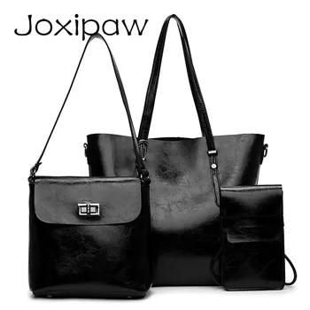 

3 Pcs Women Handbags Solid Soft Oil Wax Leather Composite Bags Large Capacity Tote Bag Set Fashion Female Crossbody Shoulder Bag