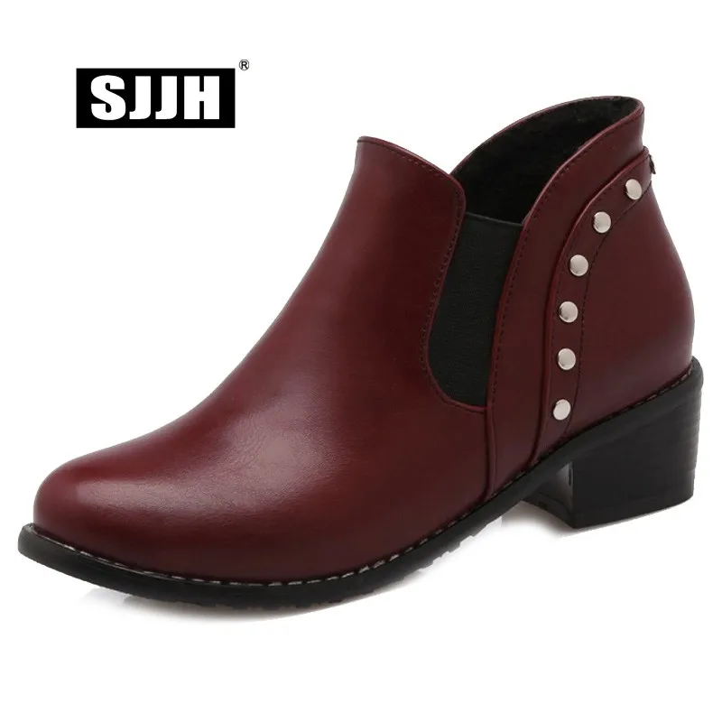 SJJH Woman Ankle Boots with Round Toe Square Heel Plush Short Students Martin Boots Fashion Casual Working Shoes Large Size Q104