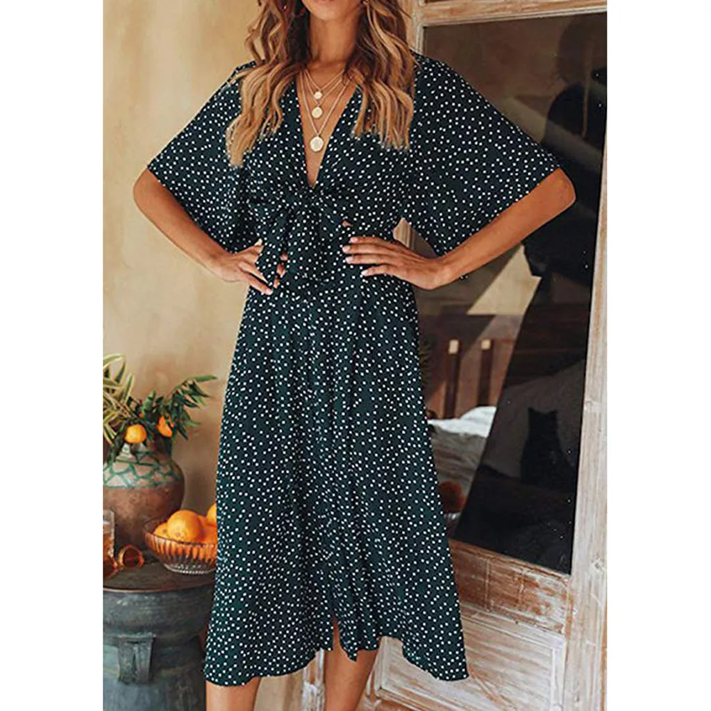 Women's Clothes Dresses Summer Polka Dot Dress Vintage Boho Short Sleeve V Neck Midi Dresses Beach Party Dress Female Vestidos
