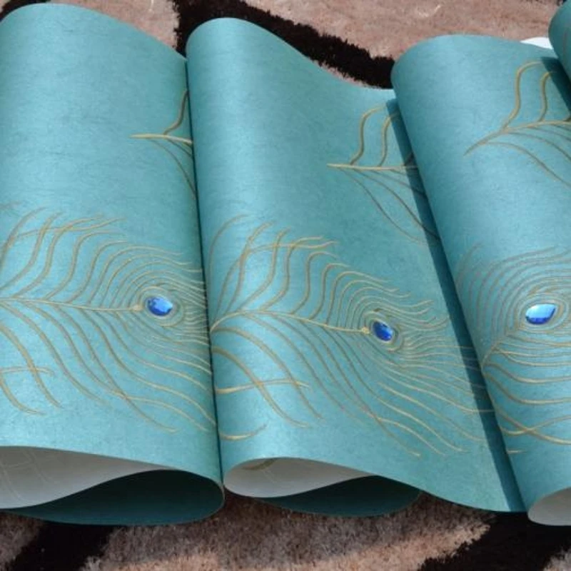 beibehang embroidery wallpaper Continental 3D drilling non - woven peacock blue feather bedroom living room TV background wal beibehang embroidery wallpaper Continental 3D drilling non - woven peacock blue feather bedroom living room TV background wal