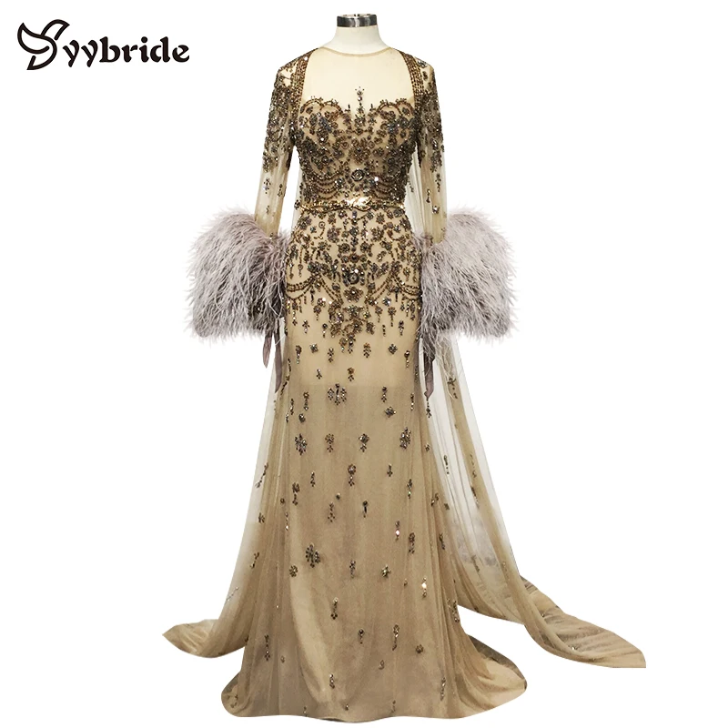 

Evening Dresses Feathered Full Sleeves Vintage Scoop Neck Evening Dress Hand Sewing Beading Long Evening Dress with Cloak