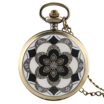 

Elegant White & Black Floral Design Bronze Quartz Fob Pocket Watch with Necklace Chain Pendant Clock for Women Girls Gift Item