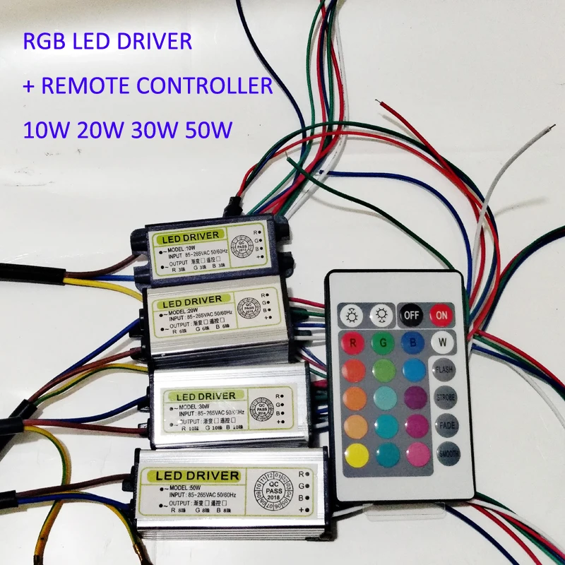 

RGB Driver+Remote High Power LED 10W 20W 30W 50W 24 Key Colorful Dimmer Spotlight 1 Set DIY Bright