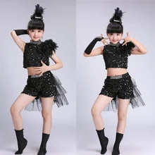 Современные костюмы для джазовых танцев с Черными Блестками для девочек, топы и штаны, танцевальный костюм для бальных танцев в стиле хип-хоп, детские костюмы сценическая одежда, одежда