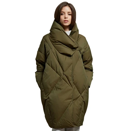 YNZZU Winter Bread Down Jacket Women Army Green Elegant Loose Thick Warm Coat 90% White Goose Down Female Jacket O563 - Цвет: Армейский зеленый