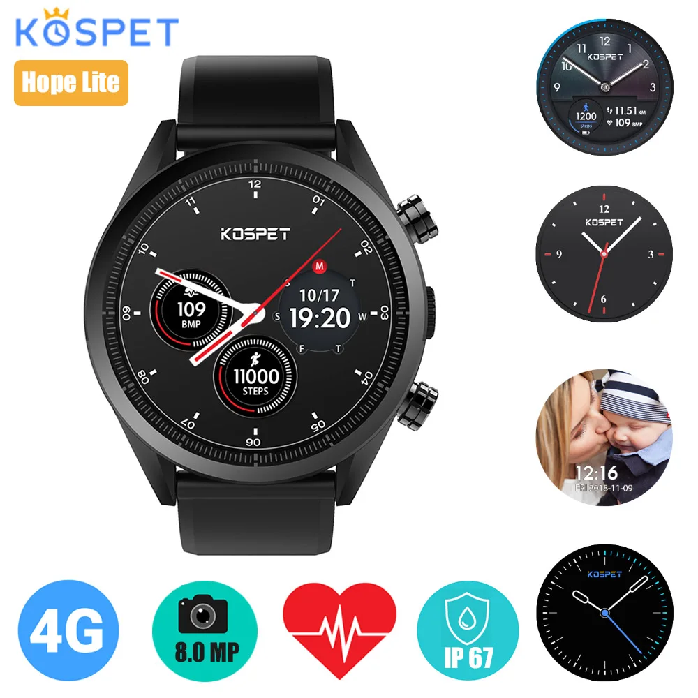 

Kospet Hope Lite 4G Smart Watch Phone Android 7.1 Quad Core 1.25GHz 1GB 16GB 8.0MP Camera Bluetooth IP67 Waterproof Smartwatch