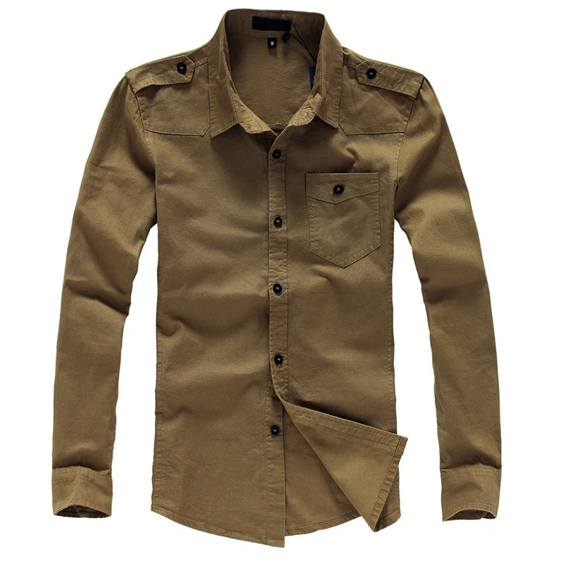 Men's Military Style Long Sleeve Shirt with Epaulets Cotton Army