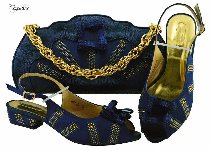 

Excellent medium heel buckle shoes and handbag sets with rhinestones for party MM1082 heel height 3.5cm