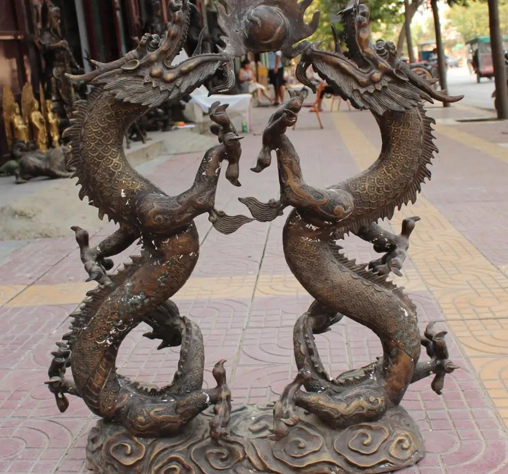

32" Vintage Huge Chinese Bronze Animal Emperor Royalty 2 Dragon Play Ball States