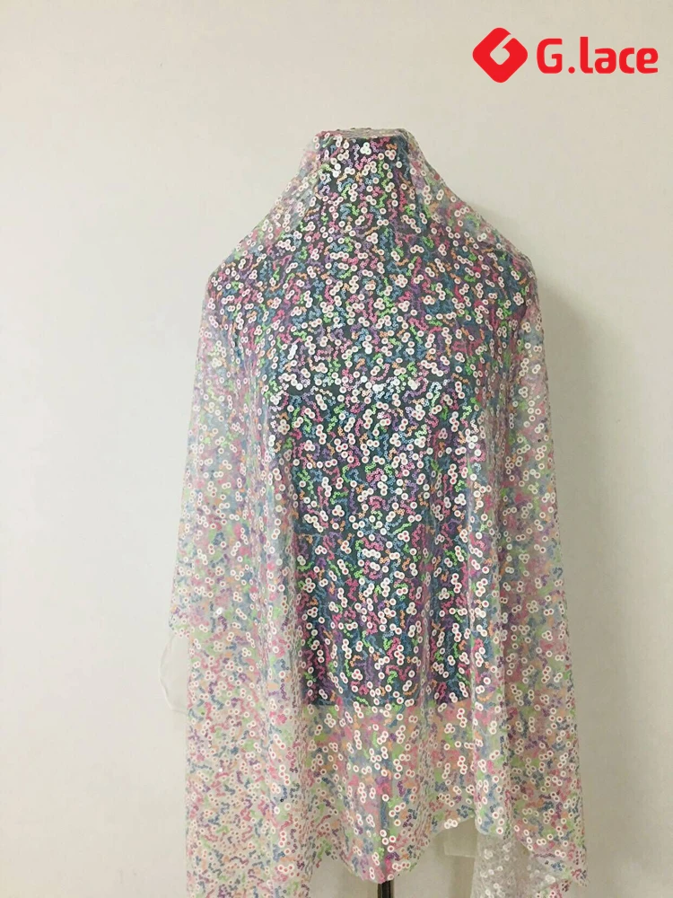 

GLace 3Y/lot Sequins LACE Fabric rainbow Sequins mesh Fabric breathable night dress decoartion clothes accessory TX035