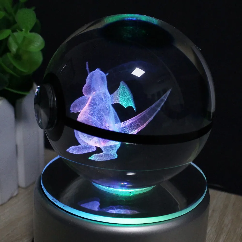3D хрустальный шар с Пикачу, светильник Pokemon Go, круглый стеклянный шар с гравировкой, светодиодный шар с черной линией, цветная база, детский подарок