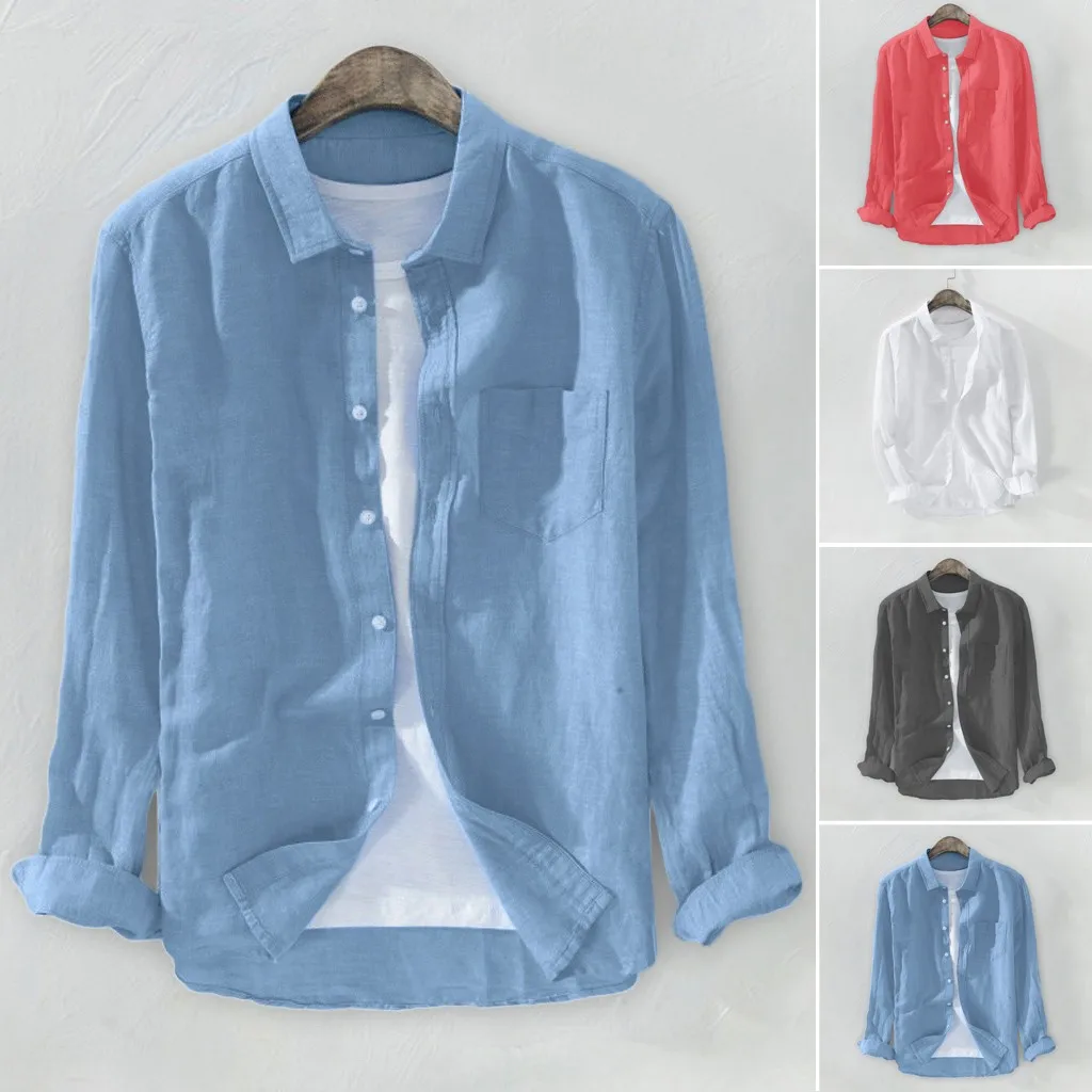 

2019 Camisa Male Shirts Men's Solid Cotton Linen Long Sleeve Button Pocket Plus Size Shirts M-3XL Camisas Masculina Plus Size