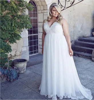 

2019 Romantic V-Neck Plus Size Lace Garden Cheap Chiffon Spring Train Large vestido de noiva Bridal Gown