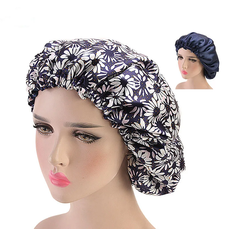 Helisopus, Женская эластичная чалма с цветочным принтом для ночного сна, кепка для салона, хиджаб, головные повязки, элегантные турбанты, аксессуары для волос - Цвет: Тёмно-синий