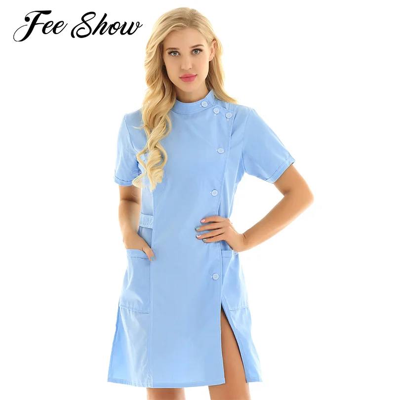 

Womens Mandarin Collar Short Sleeve Doctor Nurse Uniform Dress Slanting Button Front Solid Color Hospital Nurse Scrub Lab Coat