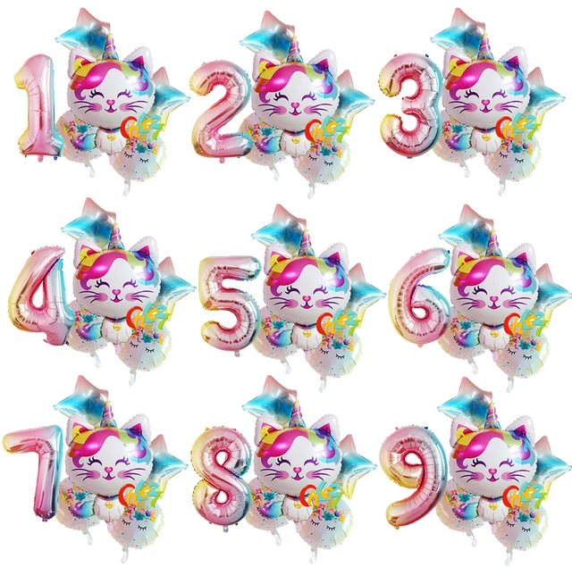 6 pièces licorne arc-en-ciel chat ballon en aluminium 32 pouces dégradé  couleur nombre ballon