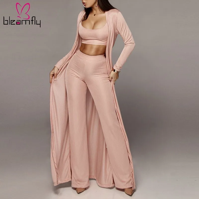 

Women Knitted 3 Piece Set Spaghetti Strap Crop Top High Waist Pant Long Sleeve Cardigan Overcoat Knitwear Streetwear Outfits