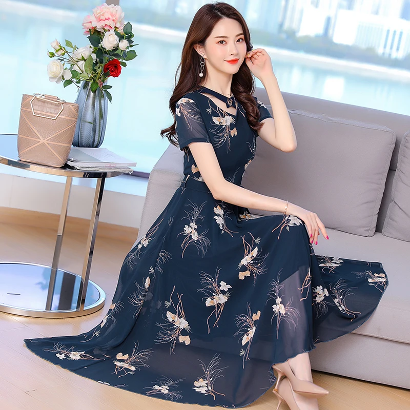 

Plus Size M-3XL 2019 Summer New Arrival Elegant Bohemian Style Short Sleeve V Collar Flower Printed Woman Chiffon Long Dress