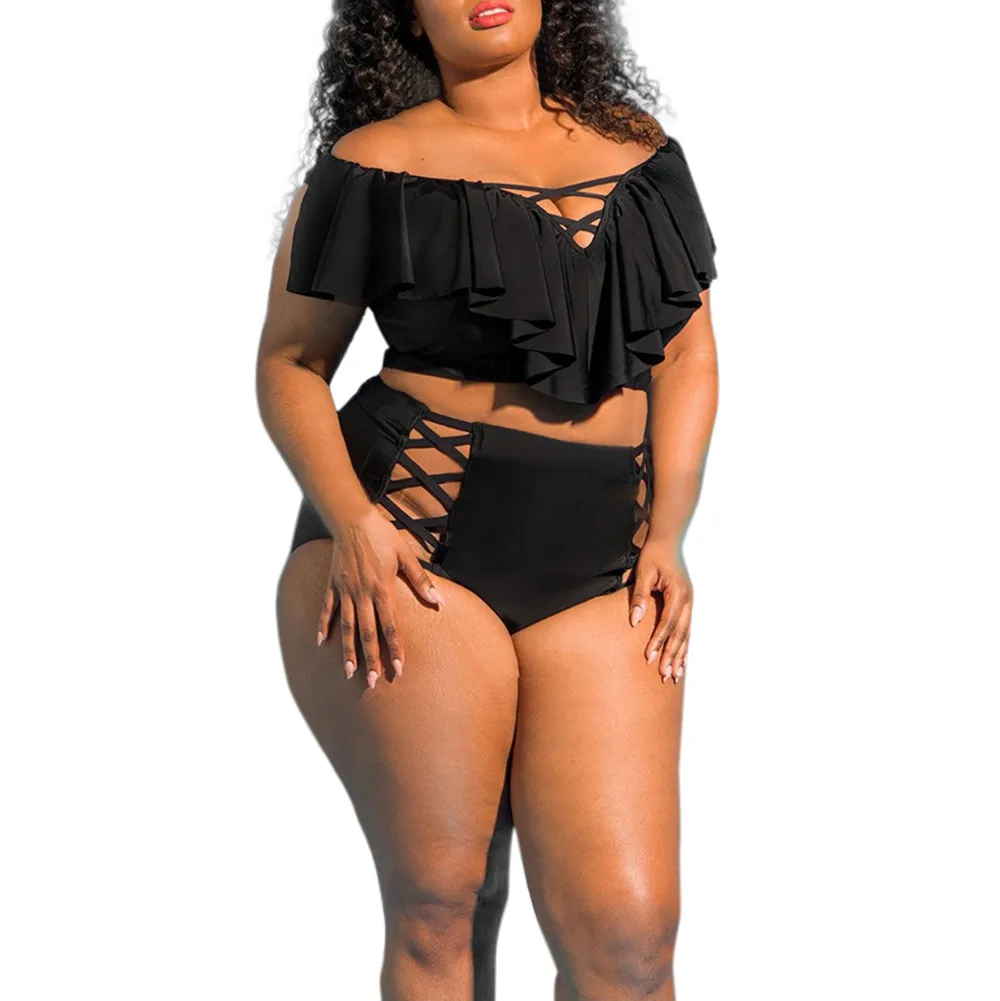 

Plus Size Swimming Suit For Women Sexy High Waist Swimsuit Summer Black Ruffle Swimming Bathing Suit Maillot De Bain Femme 2018