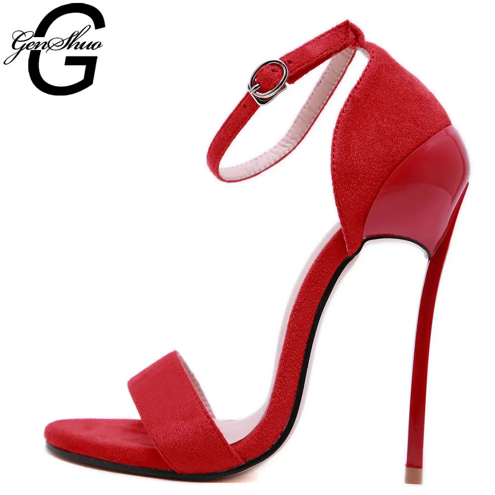 GENSHUO Брендовая обувь женские Босоножки с открытым носком на высоком каблуке, большие размеры 35-42, черные, красные женские туфли из флока на каблуке летние босоножки