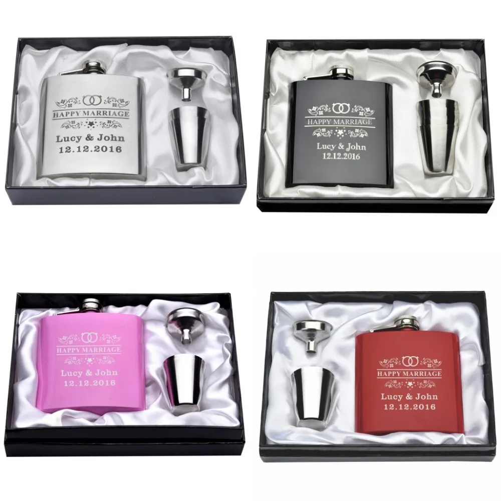 

Set of Engraved Stainless steel 6oz Flask Set Funnel Wedding Decors Bride's Parents Valentine's Day Anniversary Day Usher Favors