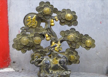 

15"Feng shui Ancient Bronze Money Tree cash cow Magic Tree HIKYUU Kylin pi xiu