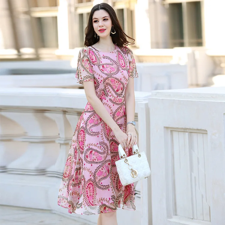 

Spring and Summer 2019 New Women Dress Round Collar Printed Pink Fairy O-Neck Zippers Print Dresses Women
