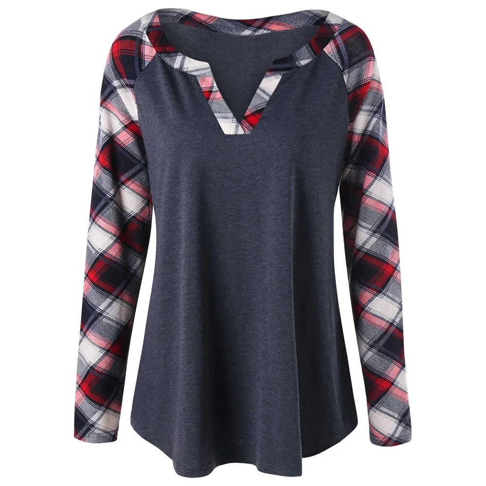

Wipalo Women Autumn Spring T Shirt Plus Size 5XL 4XL Raglan Long Sleeve Plaid Top Ladies Casual V-Neck Patchwork Tees Big Sizes