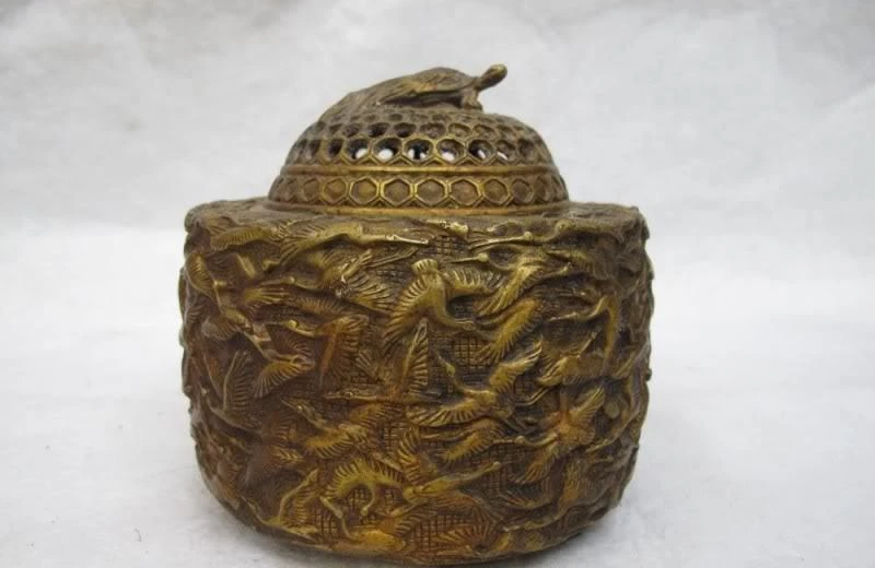 

China Buddhism Classic Copper Bronze 100 Red-crowned Crane incense burner Censer